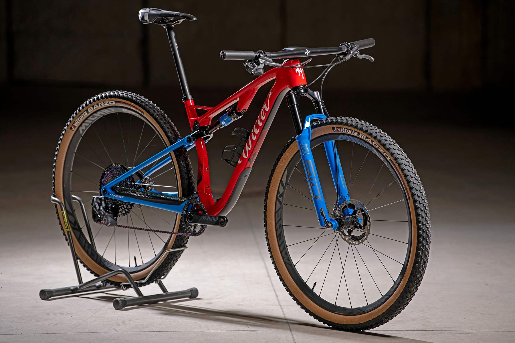 2022 Wilier Urta SLR 100mm travel carbon XC race mountain bike, photo by Luigi Sestili-Mountain Bike Connection, red angled complete