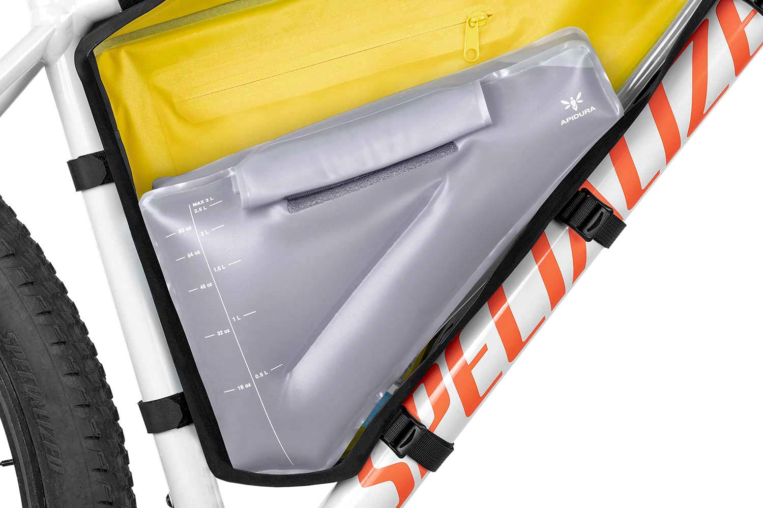 Apidura 3L Hydration Bladder for bikepacking packs, on-bike cutaway