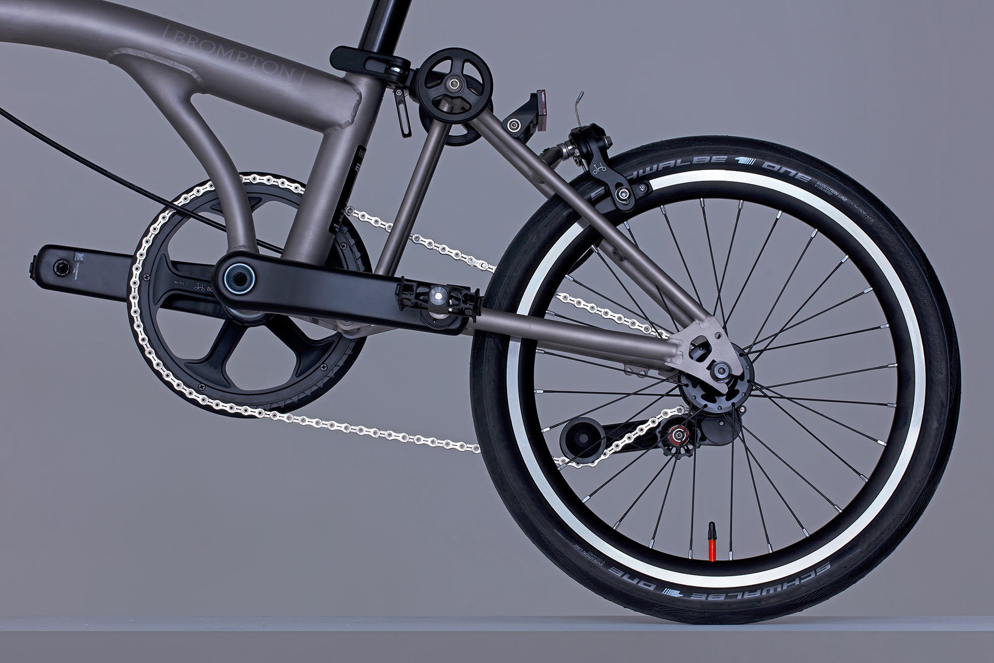 Brompton T Line ultralight titanium folding commuter bikes, non-driveside rear end