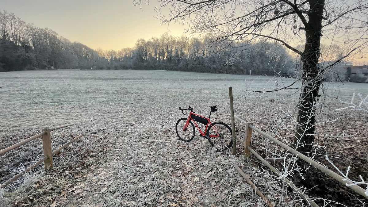 bikerumor pic of the day a gravel bike is leaning against a fence at the edge of a large field surrounded by trees at dawn, the grass and trees have a layer of frost on them and the sky is glowing a peach color.