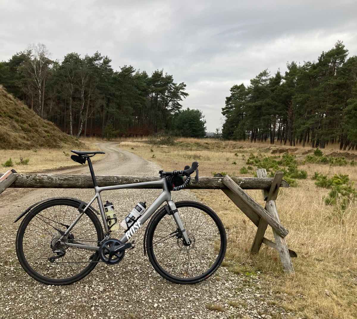 bikerumor pic of the day a gravel bike named rose is leaning against a wood barrier across a gravel road leading around a hill towards some pine trees, the sky is covered in clouds and the day is bright but grey.