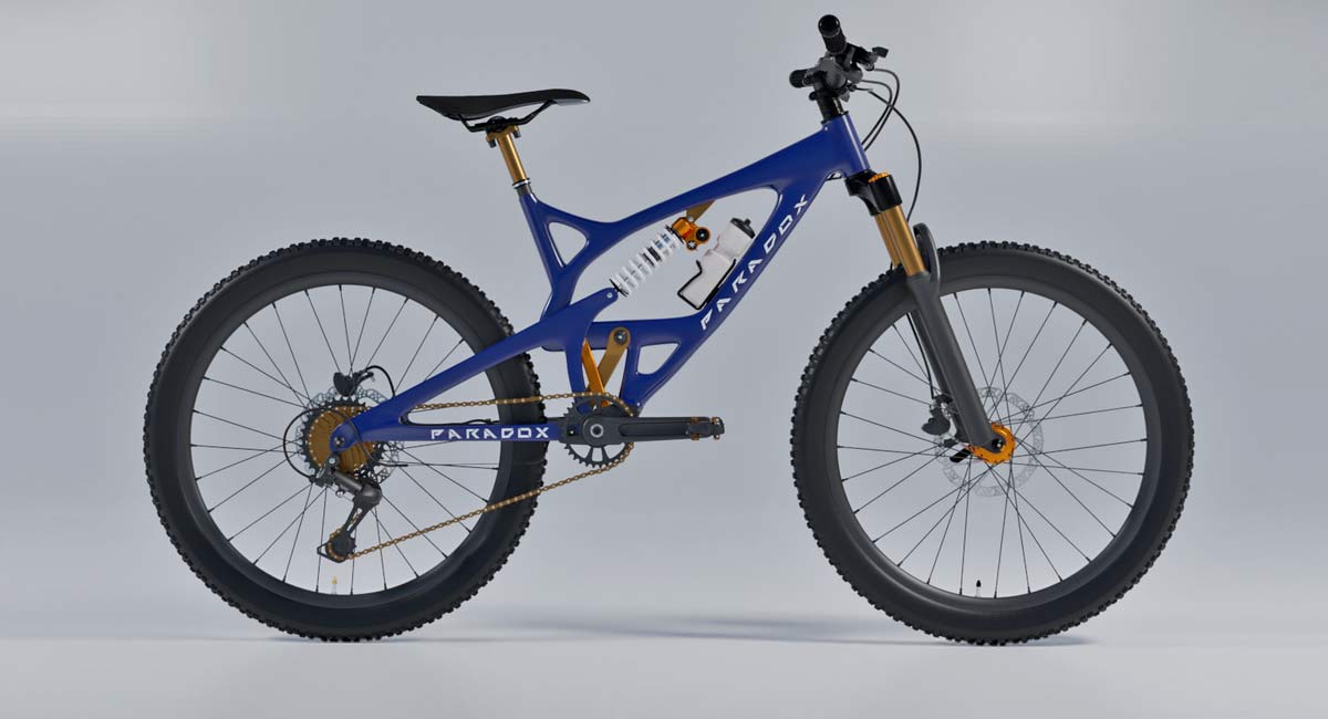 Paradox mountain bike suspension concept by Bryan McFarland, crossing-link 4-bar URT MTB suspension prototype bike