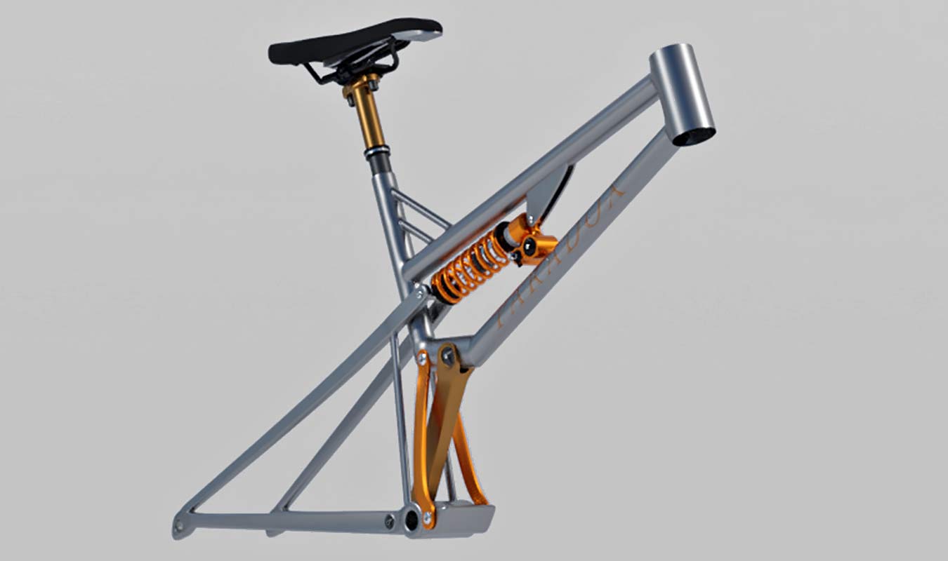 Paradox mountain bike suspension concept by Bryan McFarland, crossing-link 4-bar URT MTB suspension frame prototype