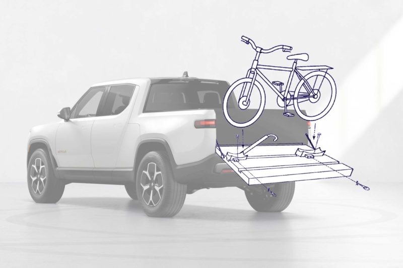 Rivian Truck integrated tailgate bike rack concept patent, visualization