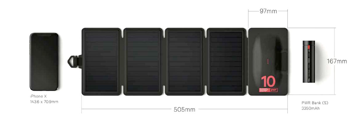 Knog PWR Solar 10W, folding compact photovoltaic panel bikepacking solar charger, dimensions, size vs. iPhone