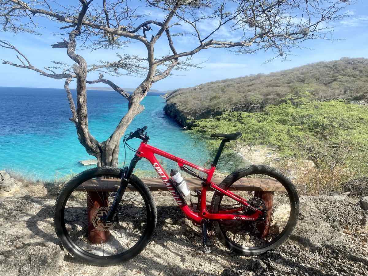 bikerumor pic of the day a red specialized bicycle leans against a wood bench overlooking bright blue ocean bay surrounded by rocky island covered in brush.