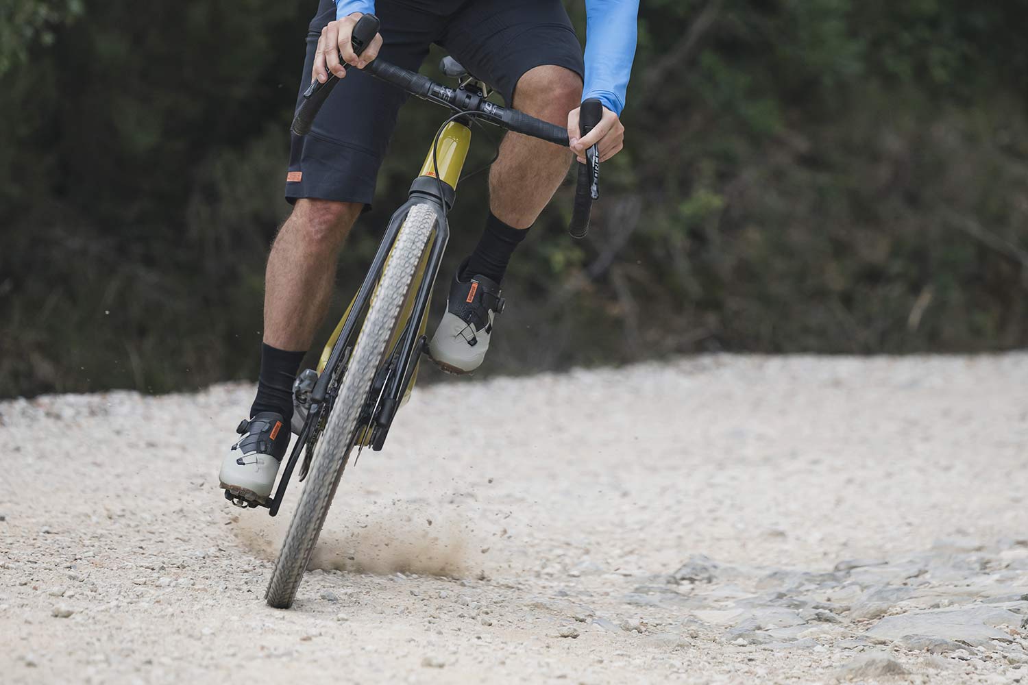 Hutchinson Tundra knobby adventure gravel tire review, photo by Roo Fowler Bike Connection Agency, lean cornering