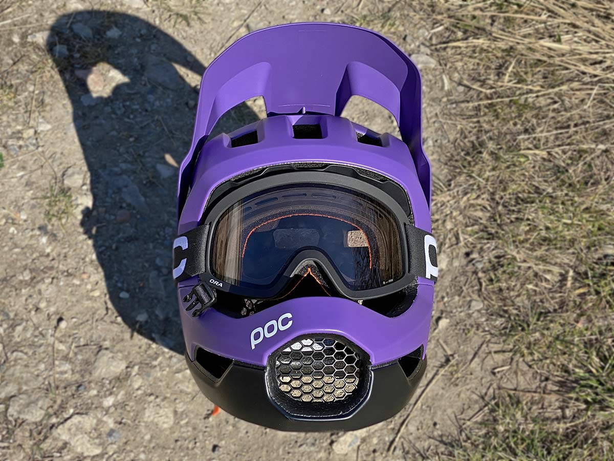 POC Otocon Race MIPS lightweight enduro full-face helmet review, front with goggles