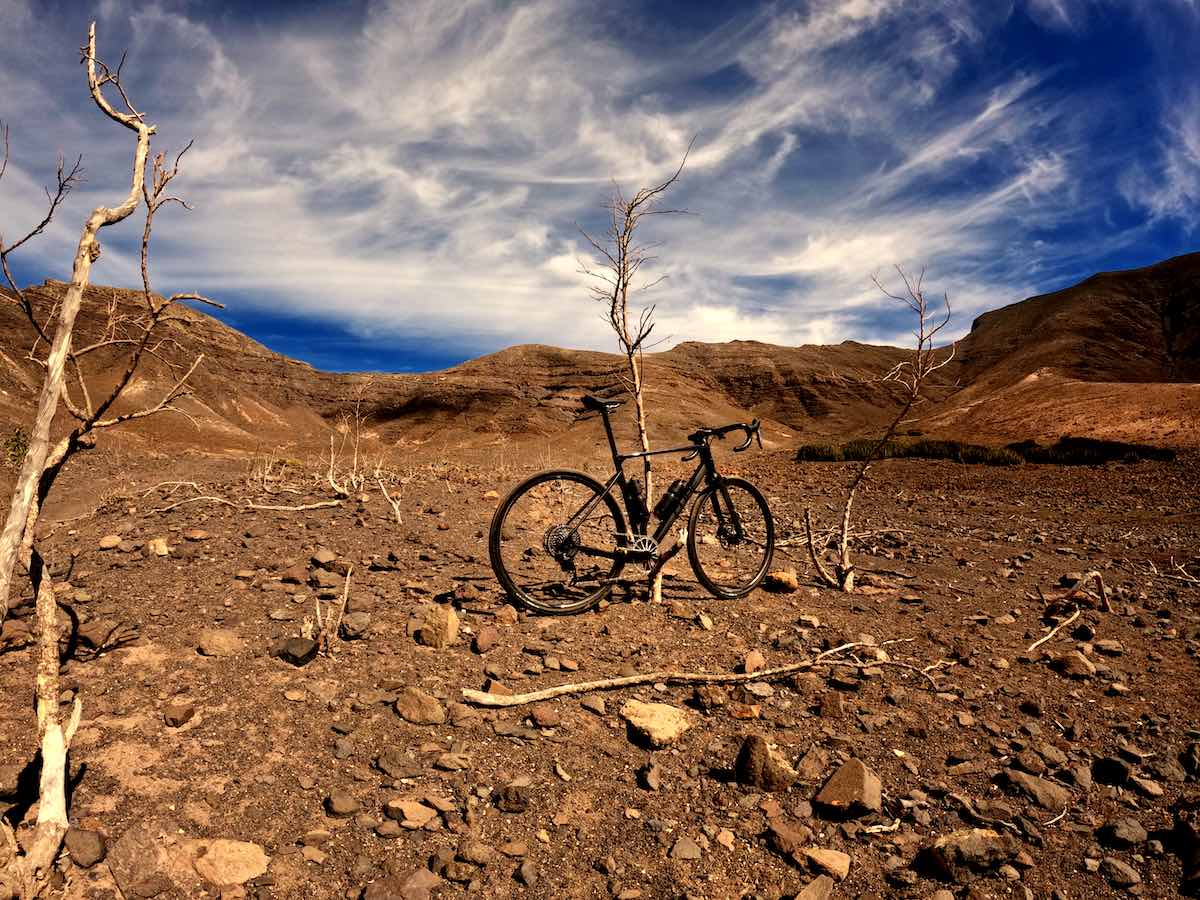 bikerumor pic of the day a gravel bike is leaning against a small dead tree in the middle of a large dirt field the sky is full of whisky clouds and the sun is high and bright.