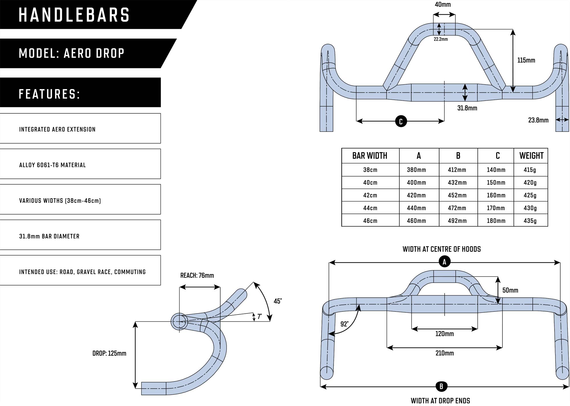 Farr alloy Aero Drop Bar road handlebar, tech details