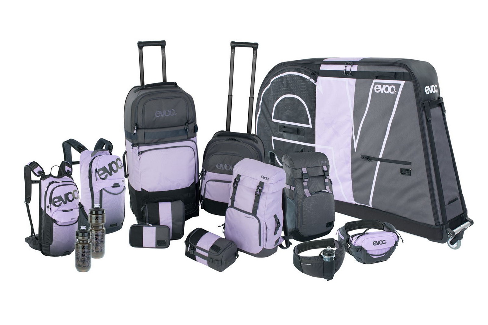 EVOC multicolor purple lineup of bags 2022