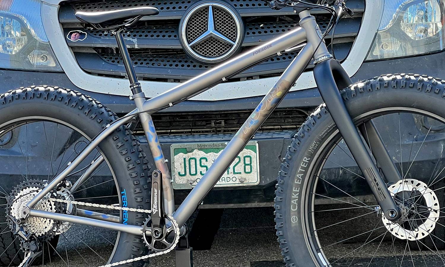 Moots Forager titanium fat bike sneak peek, huge 27.5x4.5" tire snow bike, frame detail