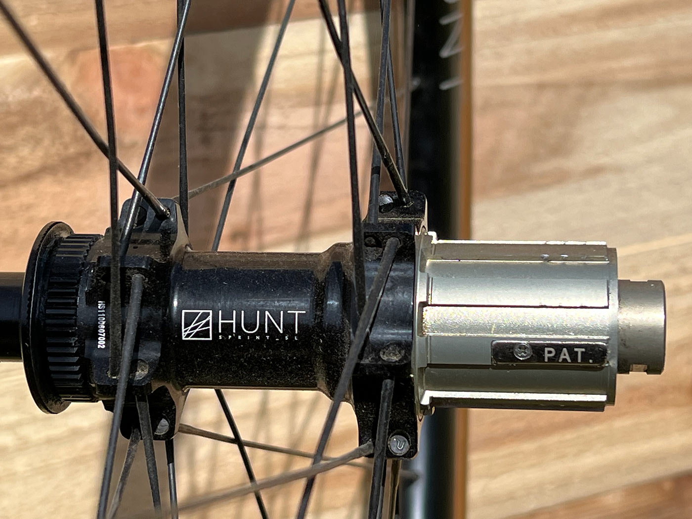 closeup hub details for hunt alloy sl disc brake road bike wheelset