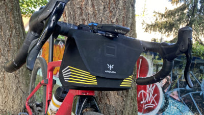 Apidura Racing Handlebar Pack straps on small easy-access bar bag for fast rides – First Look Review