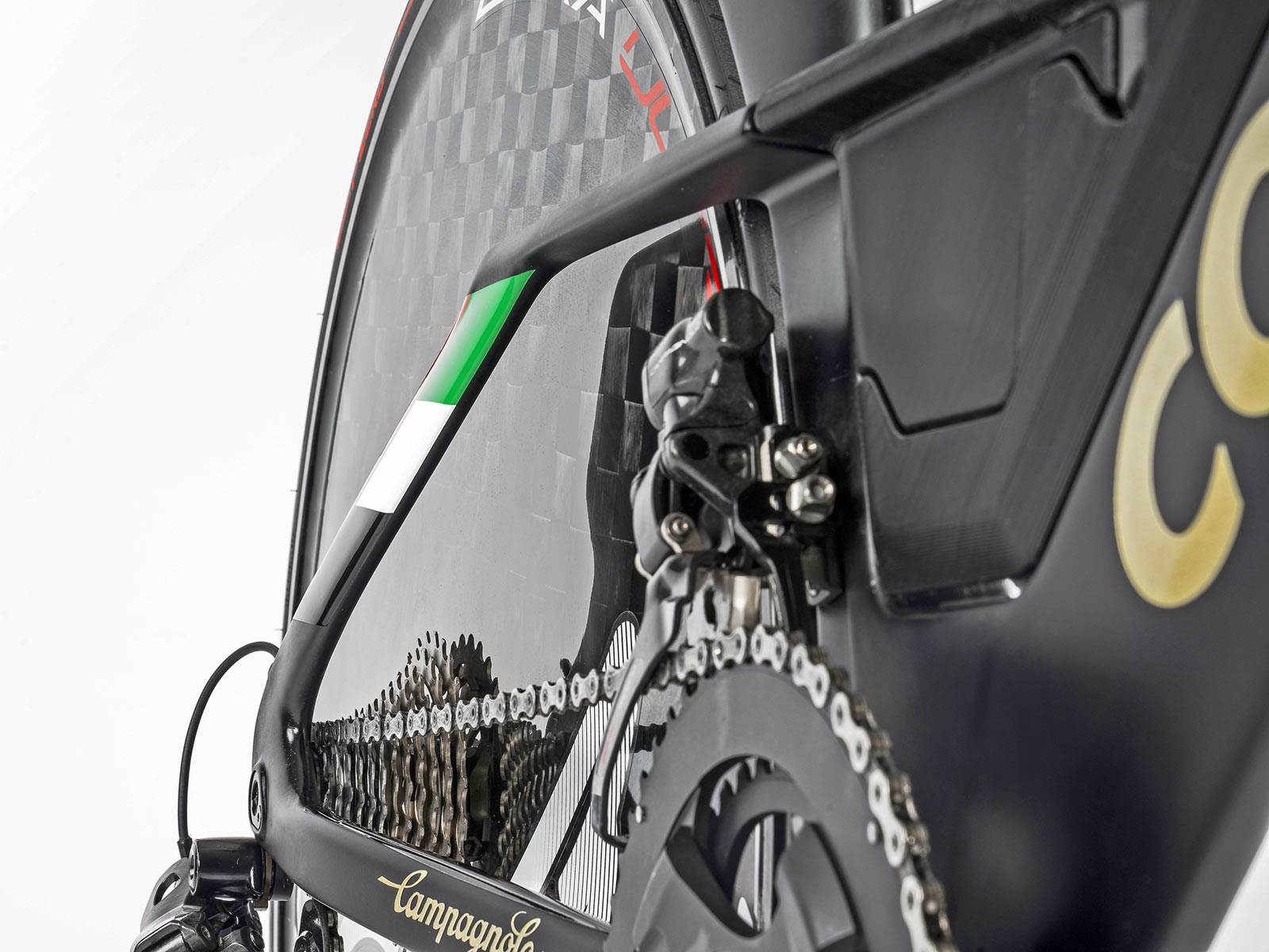 Colnago TT1 carbon disc brake time trial bike, UAE team TT bike, rear end detail