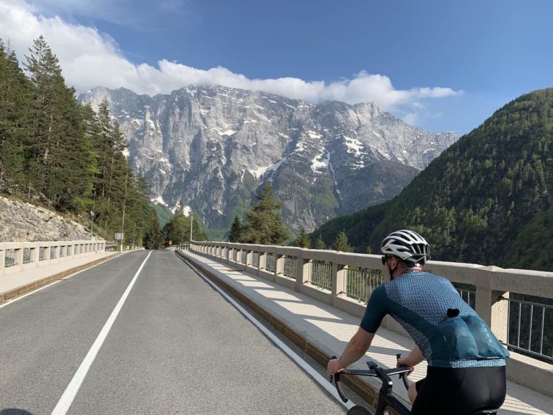 bikerumor pic of the day a cyclist is on a road leading towards a large rocky mountain, there are pine forests on either side and the sun is high and bright.