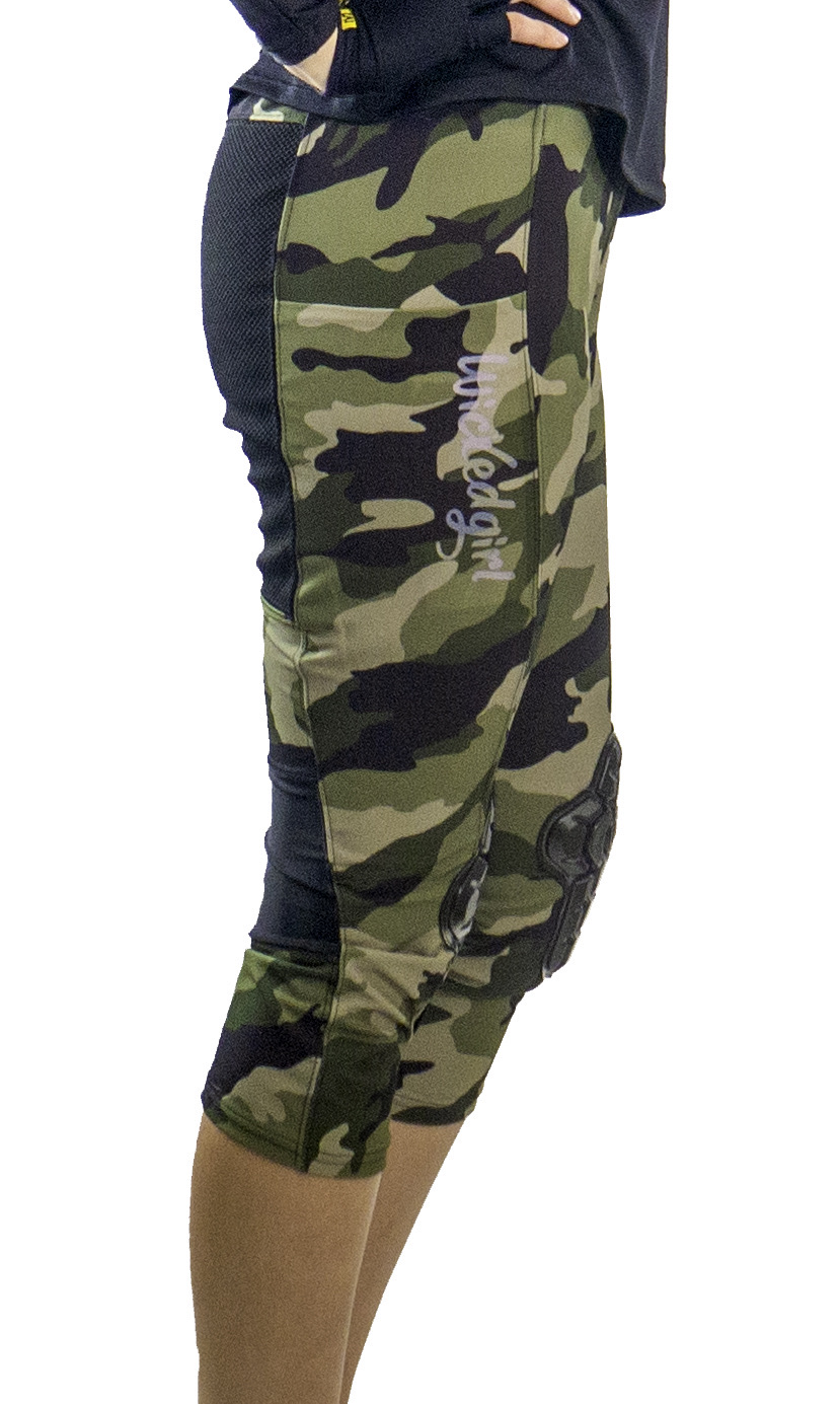 side view of the Wicked Girl G-Form Trail pants in olive camo color