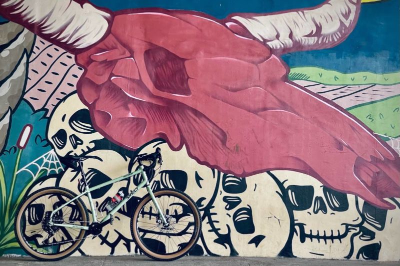 bikerumor pic of the day a surly bicycle leans against a large wall with a mural painted of a cow skull above a pile of human skulls, it is very colorful and cartoonish.