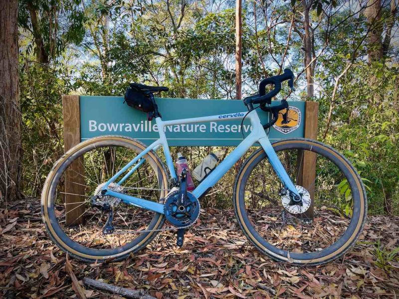 bikerumor pic of the day a cervelo light blue bicycle leans against a park sign amidst trees and leaves along the floor of the forest.