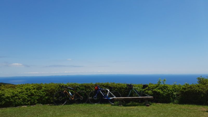 bikerumor pic of the day bicycles are near a short hedge next to a short grass field overlooking the ocean, the sky is wide and blue and the vegetation creates a low green stripe across the bottom of the photo.