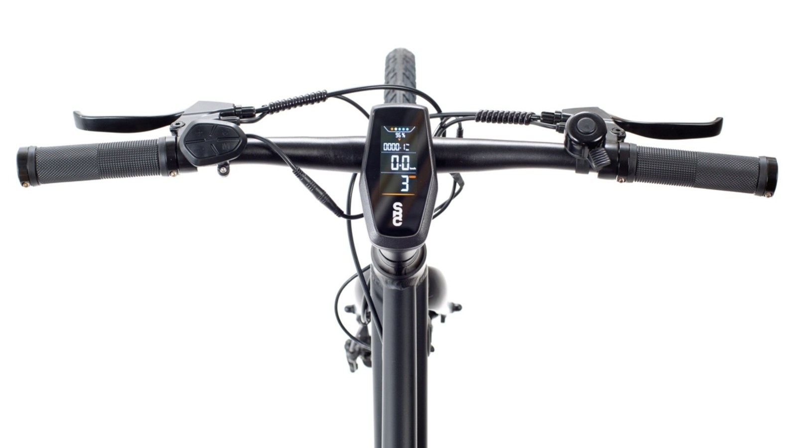 6061 eBike Commuter; detail of the handlebar-mounted LCD screen and controller 