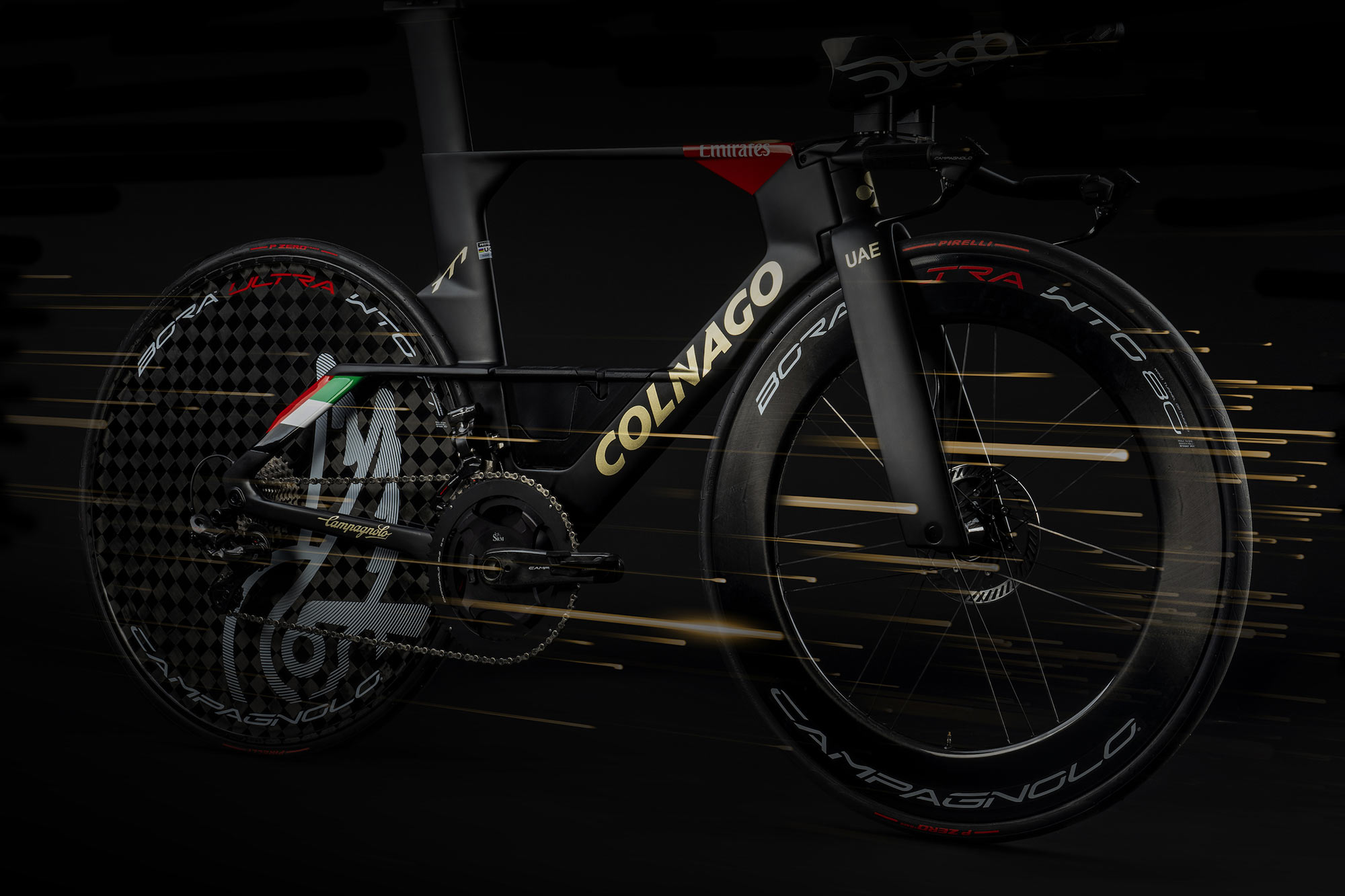 Campagnolo Bora Ultra WTO TT Disc aero 80mm carbon road time & trial wheels, Colnago TT1 UAE team edition