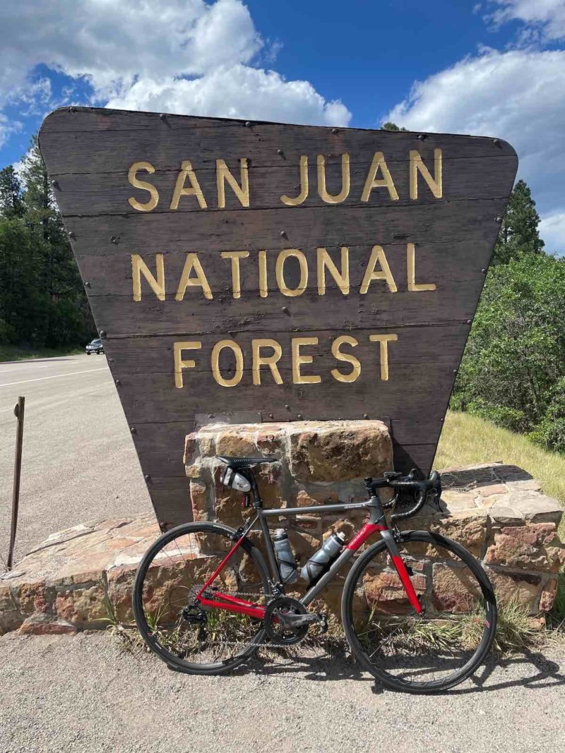 bikerumor pic of the day a bicycle leans against a sign for the san juan national forest on a bright sunny day, there are fluffy white clouds in the sky .