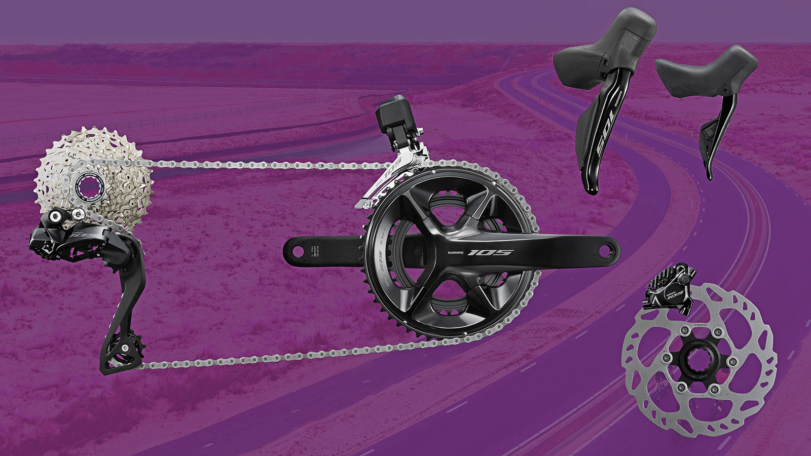 Shimano 105 Di2 R7100 affordable electronic shift road bike groupset, purple