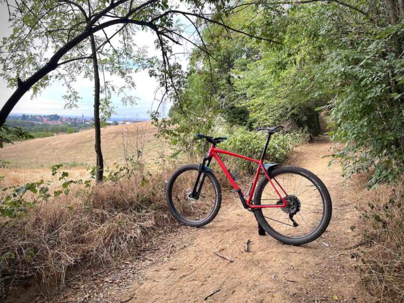 bikerumor pic of the day a bicycle is on a wide dirt path surrounded by trees and brush overlooking a large wheat colored field and a terra cotta roof village in the distance.