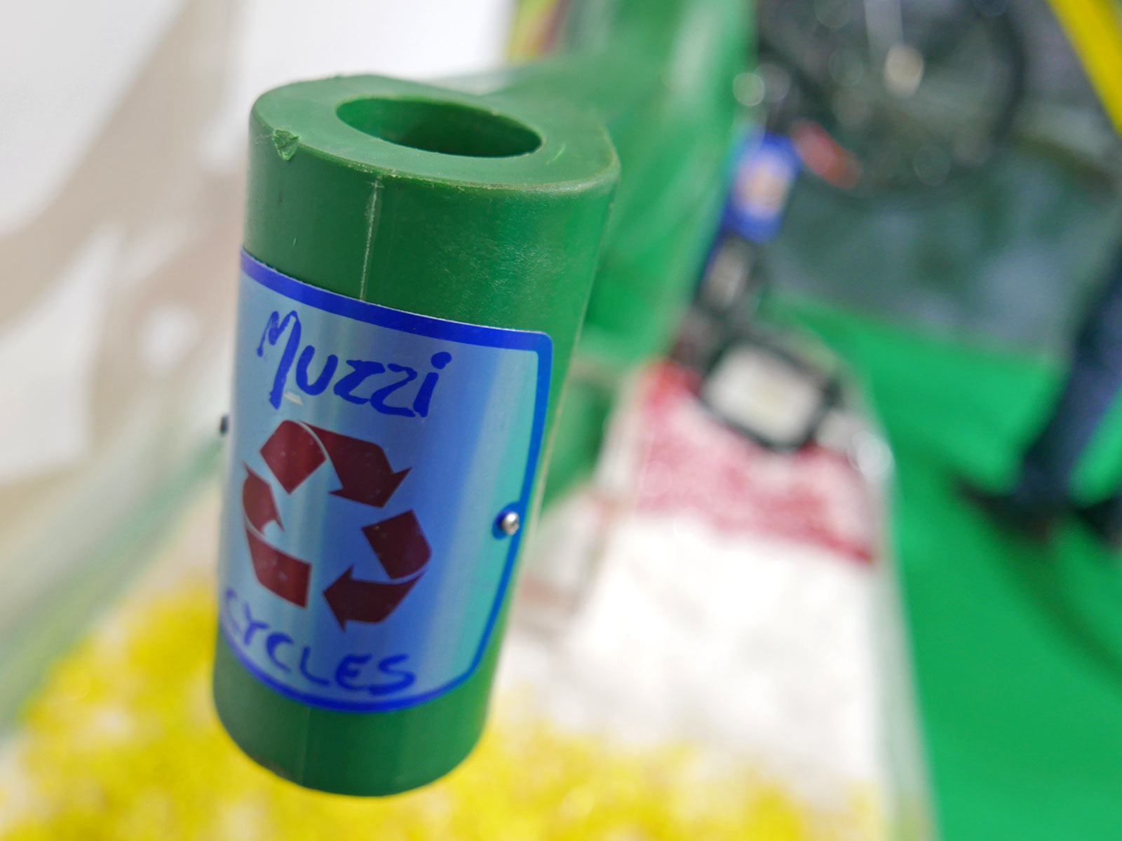 Muzzi Cycles sustainable modular recycled plastic bike, all-plastic headtube