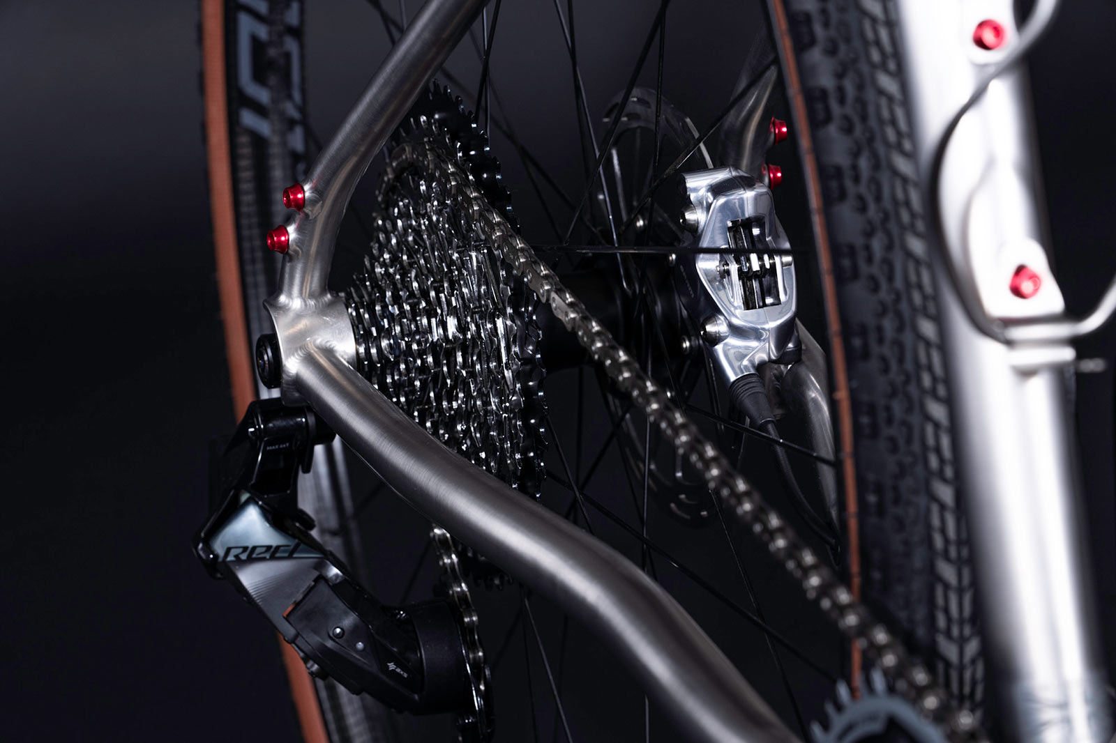 closeup frame details of ribble gravel ti prototype bike