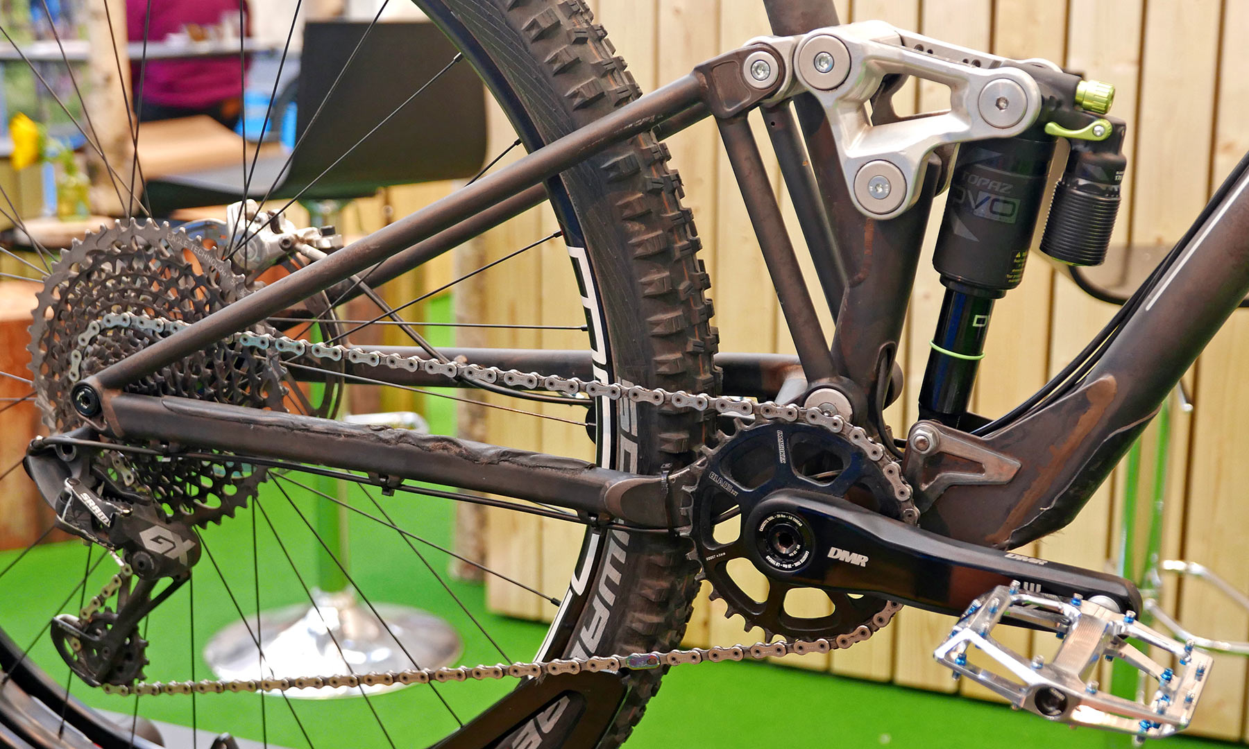 Sour Double Choc steel 143mm travel enduro bike prototype, linkage-driven single pivot URT