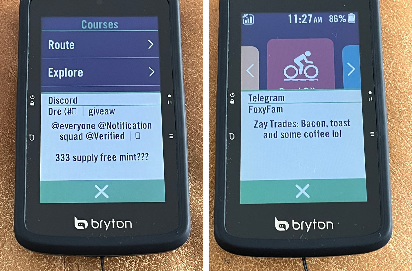 message and app alert screens on Bryton S800