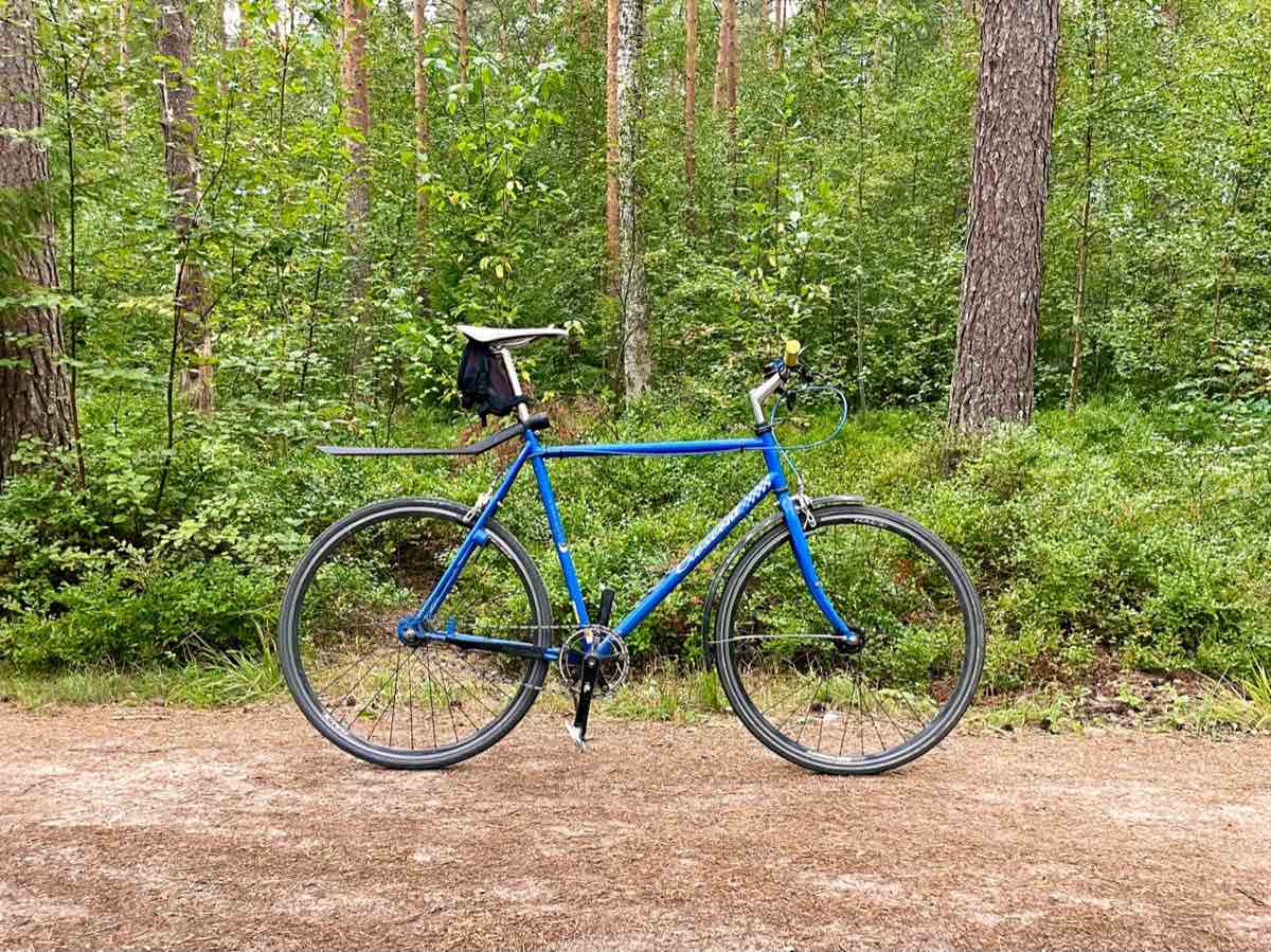 bikerumor pic of the day a blue bike is posed on a dirt path in a bright green forest