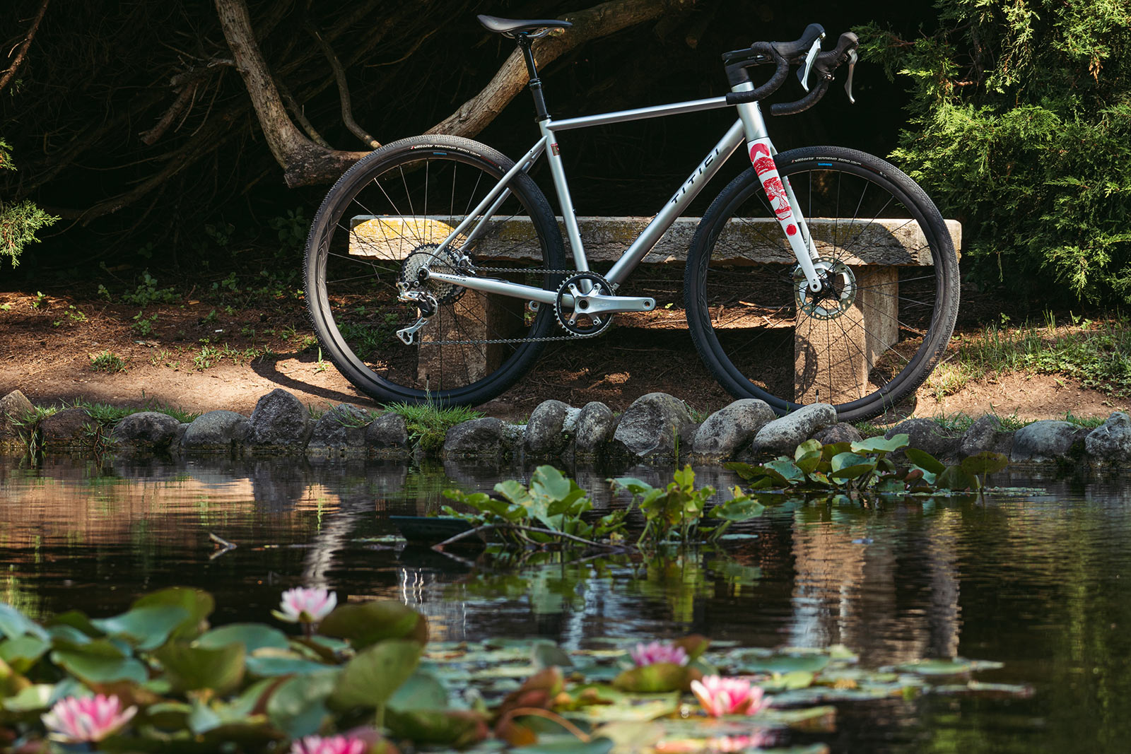 Titici Sterrato GRX LE limited edition handmade Italian steel gravel bike, flowering lake