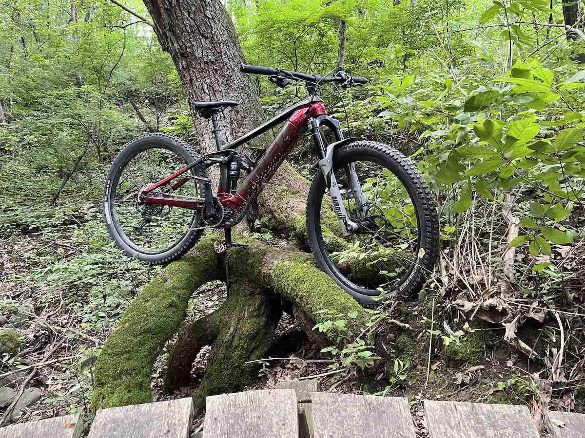 bikerumor pic of the day an emtb is balanced on the moss covered roots of a tree next to a wooden bridge in the woods.