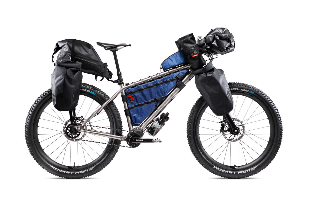 viral derive bikepacking mountain bike with pinion gearbox shown with full frame bag setup