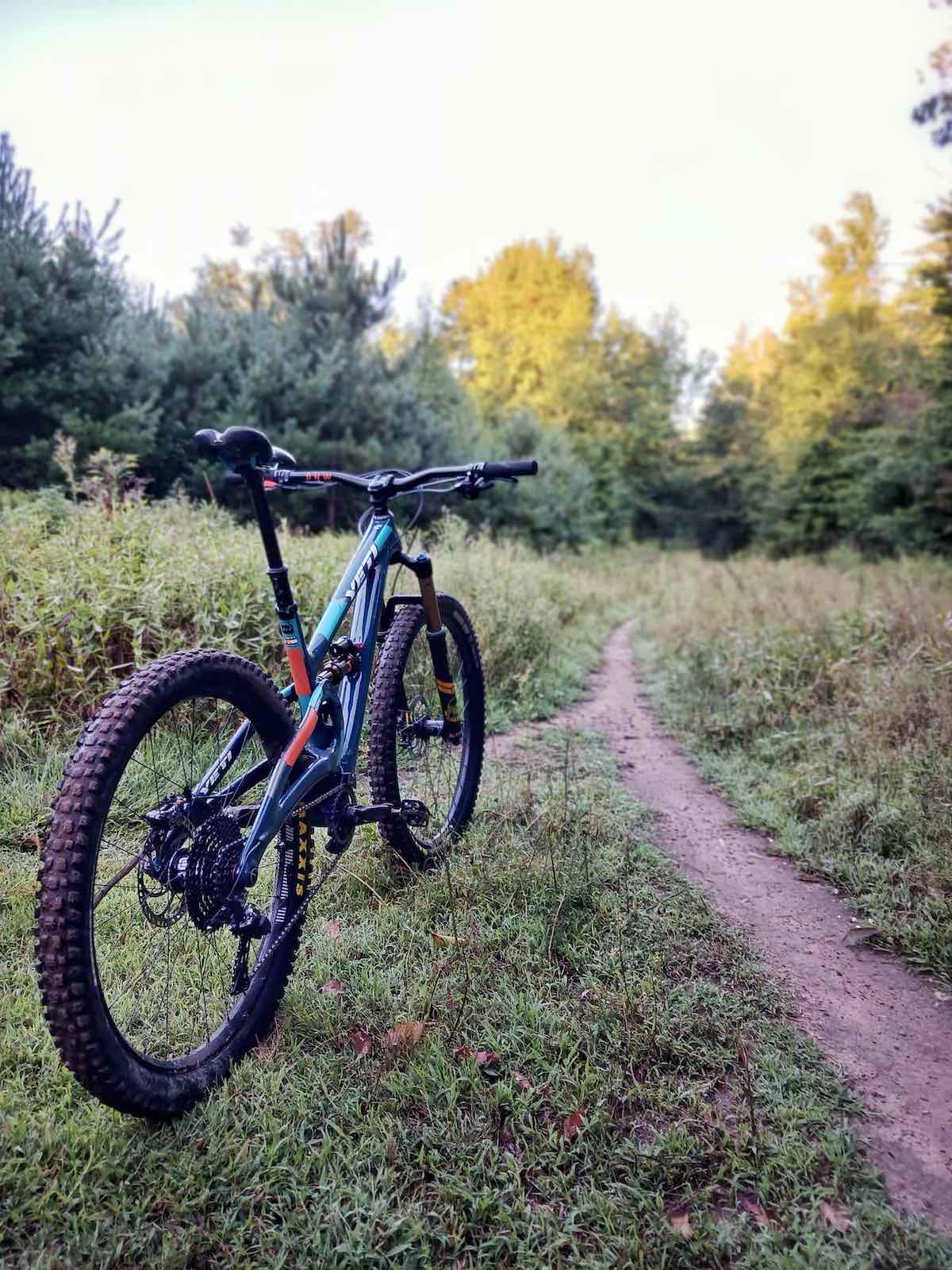 bikerumor pic of the day a mountain bike is on the grass next to single track heading towards the forest with the sun shining on the tops of the trees in the distance.