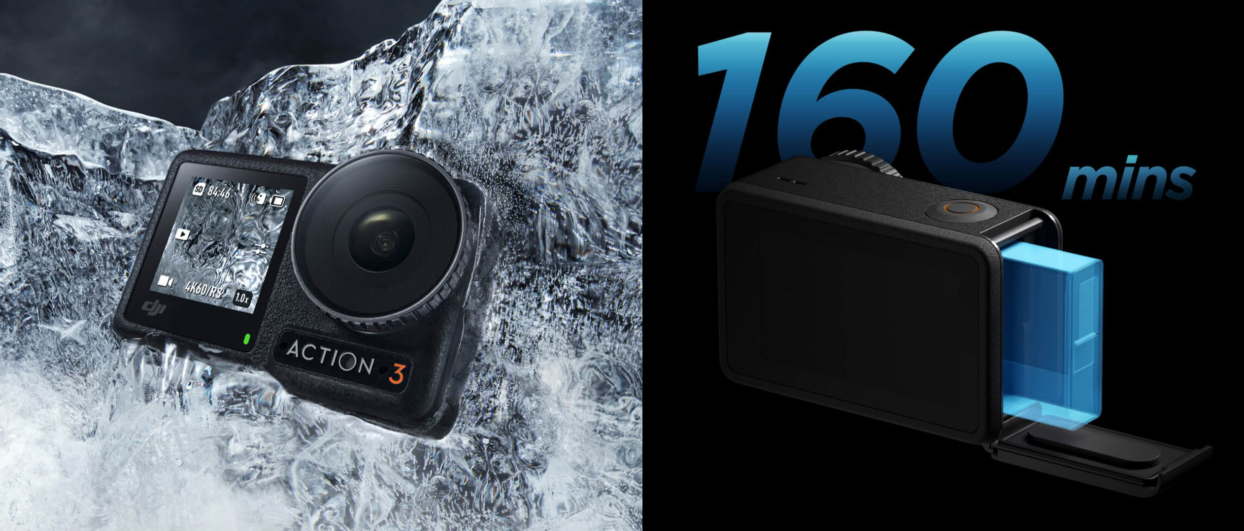dji osmo action 3 camera shown in ice with longer lasting battery
