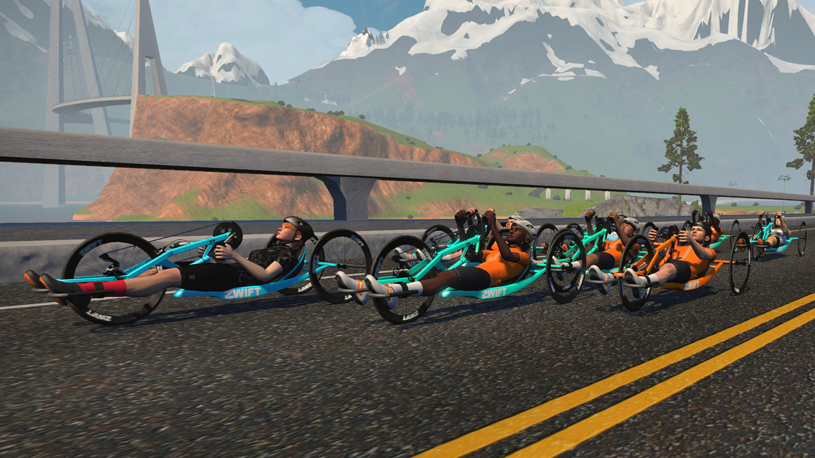 a group of handcycles in the zwift game