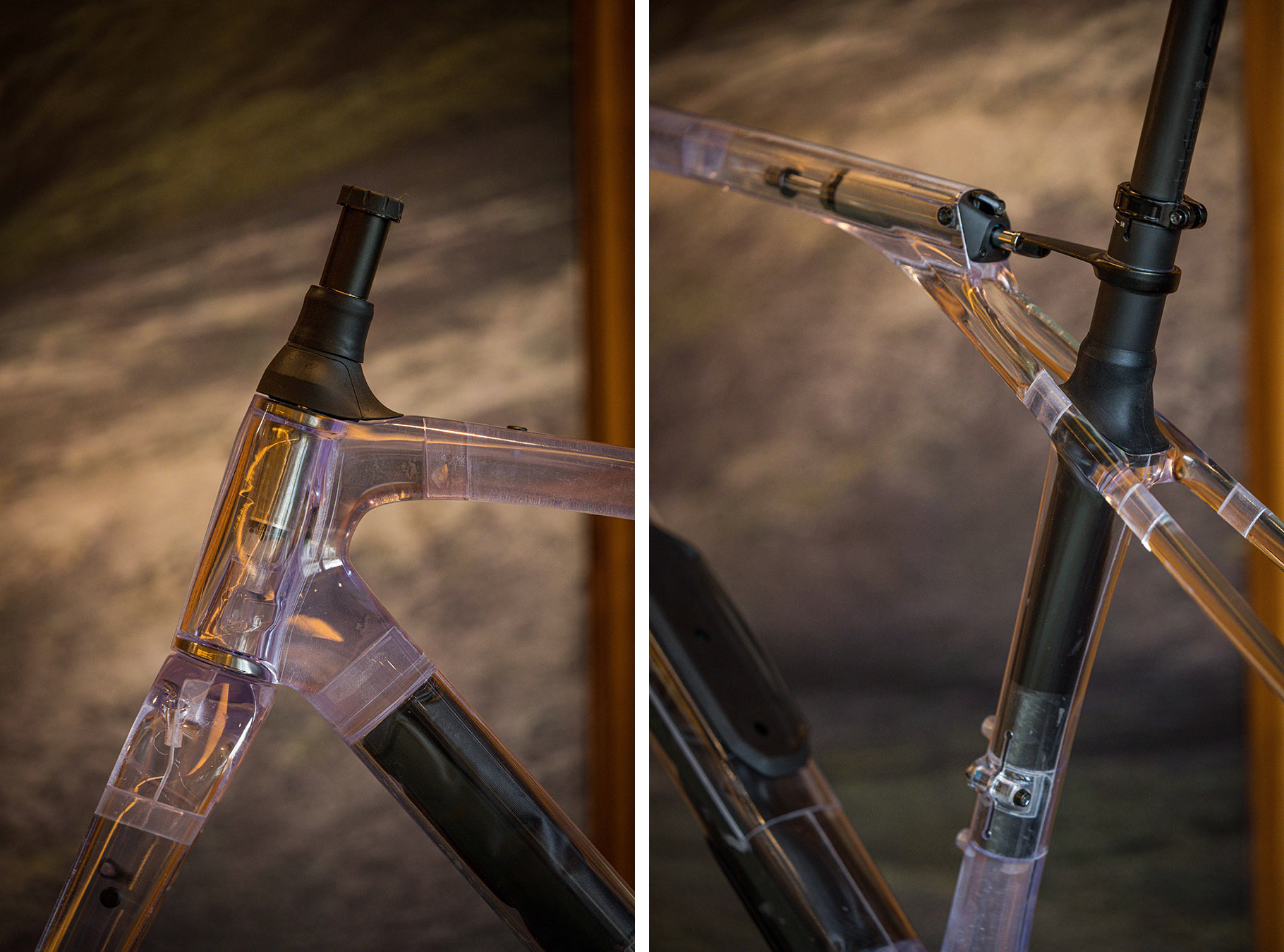 clear frame cutaway view of specialized future shock front and rear on new diverge str frame