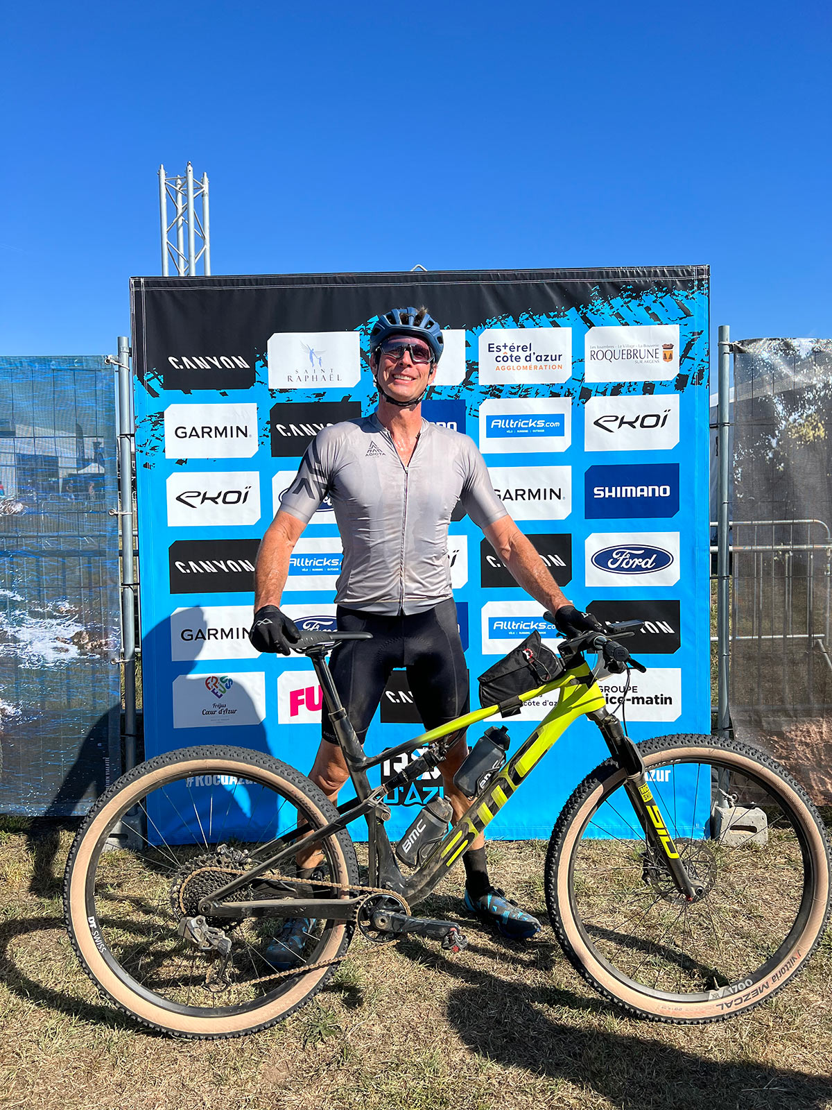 tyler at finish of 2022 Roc D'Azur mountain bike race with new BMC Fourstroke 01