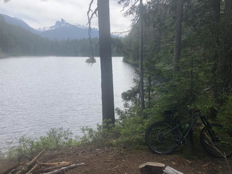 bikerumor pic of the day a mountain bike leans against a tree along the edge of a lake with rocky mountains in the distance, the sky is cloudy and it looks as though it is lightly raining.
