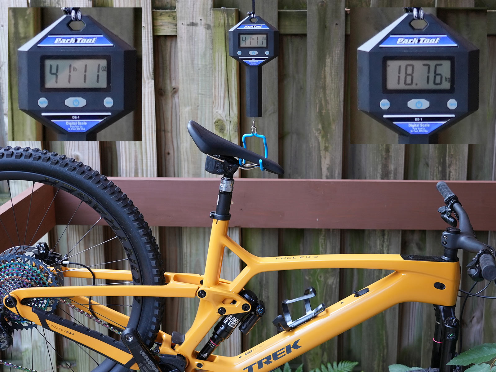 trek fuel EXe eMTB actual weights on a hanging scale
