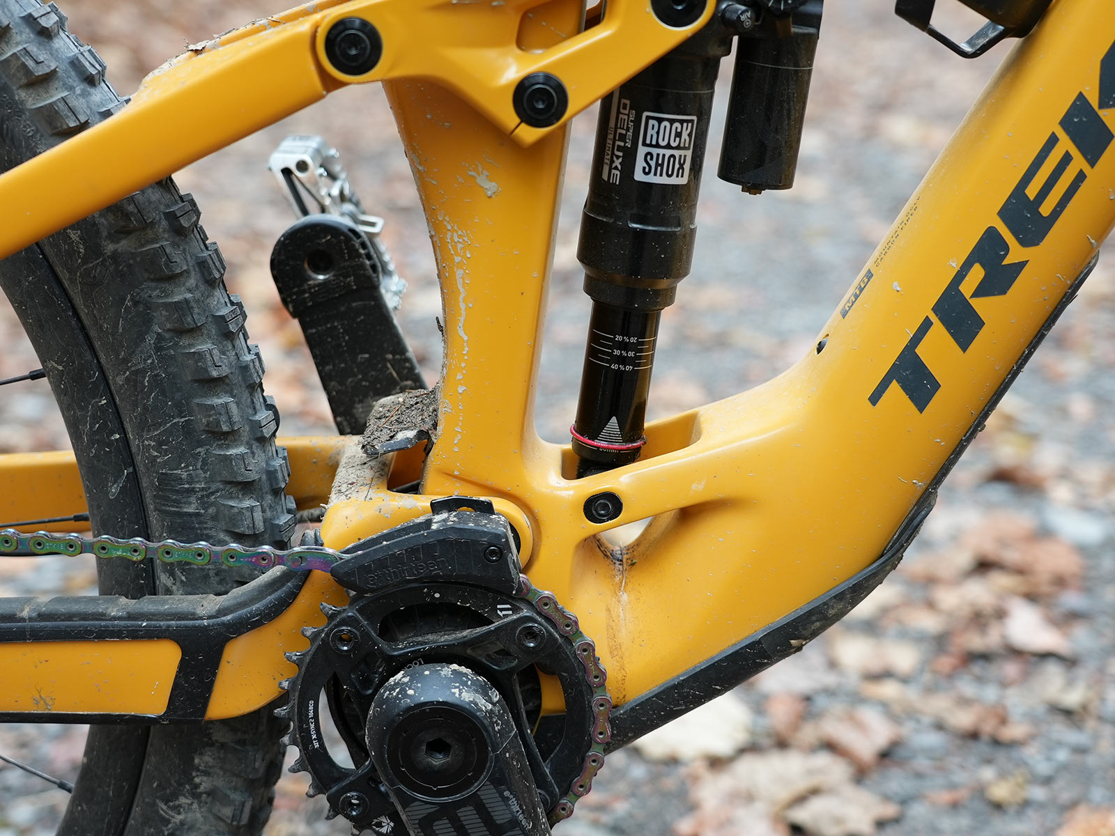 closeup frame and component details on trek fuel EXe e-mountain bike