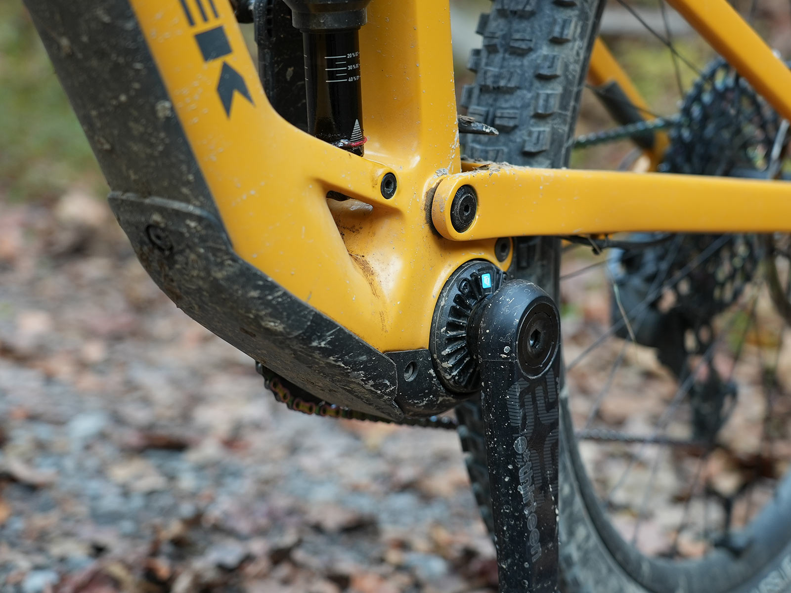 closeup frame and component details on trek fuel EXe e-mountain bike