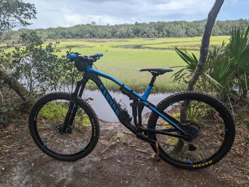 bikerumor pic of the day a canyon mountain bike is posed on the side of a clearing overlooking a wetland area