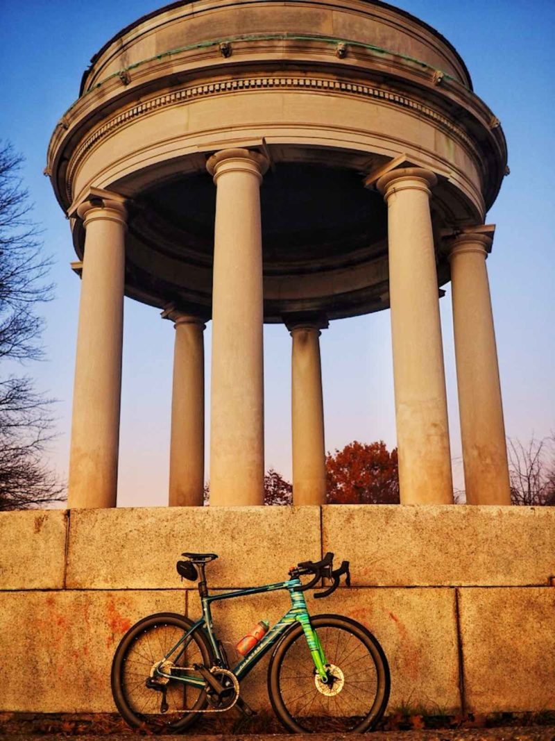 bikerumor pic of the day a bicycle leans against the pedestal to a stone columned gazebo
