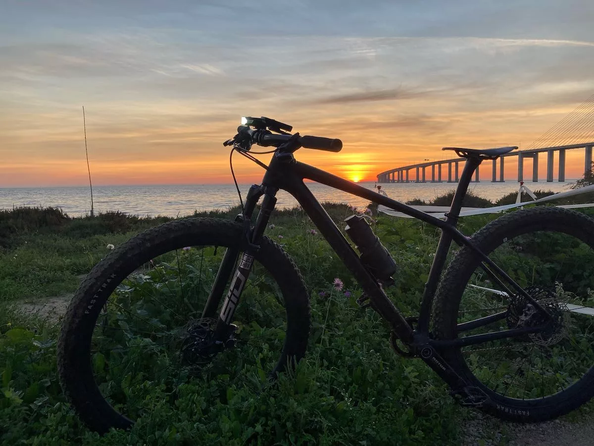 bikerumor pic of the day a mountain bike is in some brush near the edge of the ocean water, the sun is just rising above the horizon and there is a bridge running out to the distance