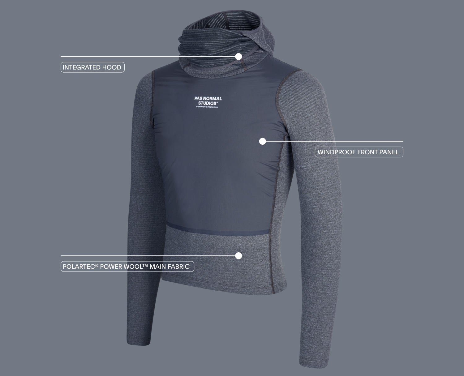 Pas Normal Thermal Long Sleeve Windproof Base Layer, tech details Polartec Power Wool merino